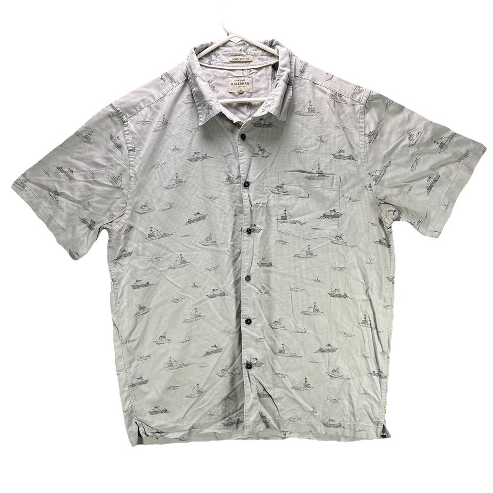 Quicksilver Waterman Button Up Shirt Mens XL Gray Boat Fishing Short Sleeve